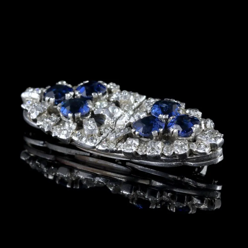 Art Deco Double Clip Brooch Silver Blue Paste Circa 1930