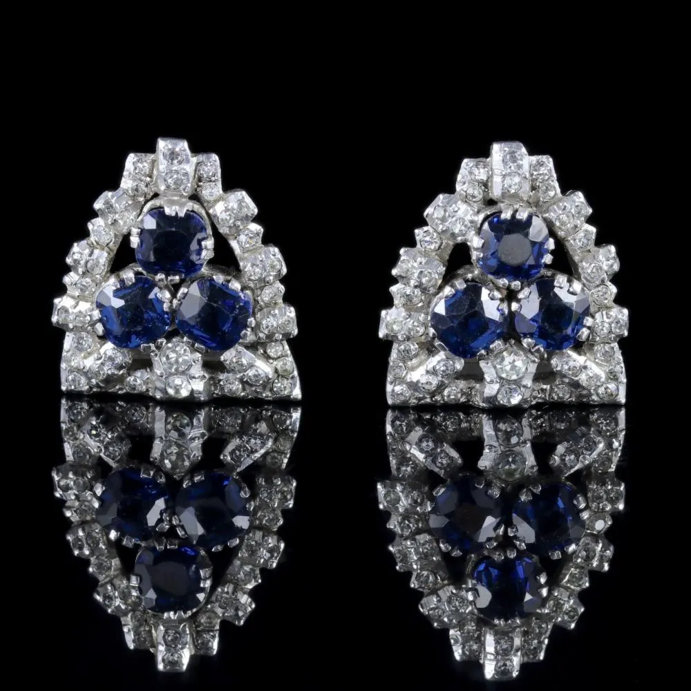 Art Deco Double Clip Brooch Silver Blue Paste Circa 1930