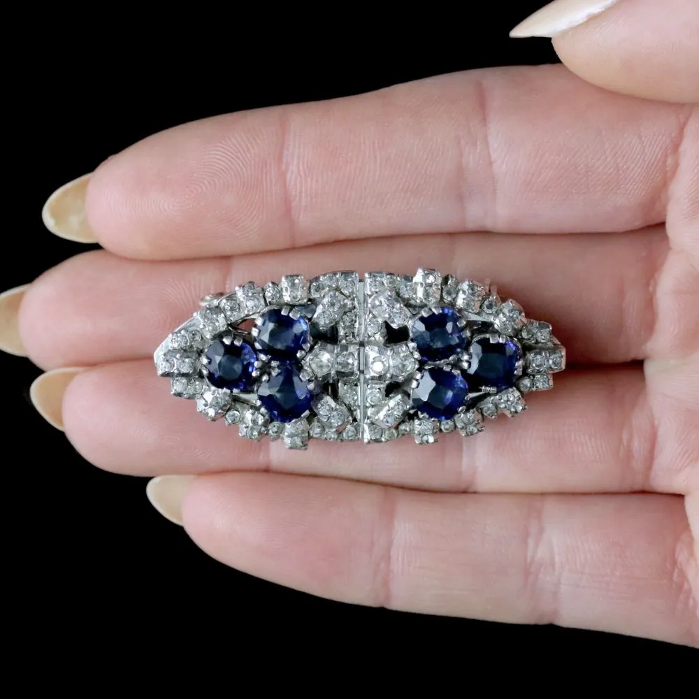Art Deco Double Clip Brooch Silver Blue Paste Circa 1930