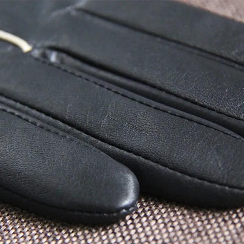 Black Genuine Leather Winter Warm Touchscreen Gloves