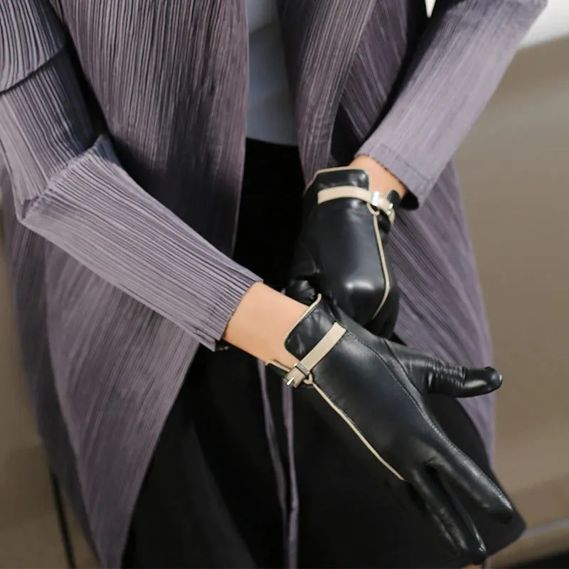 Black Genuine Leather Winter Warm Touchscreen Gloves