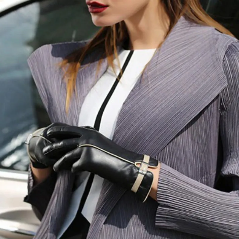 Black Genuine Leather Winter Warm Touchscreen Gloves