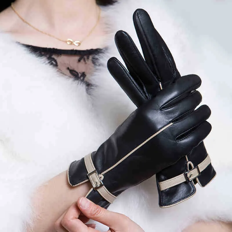 Black Genuine Leather Winter Warm Touchscreen Gloves