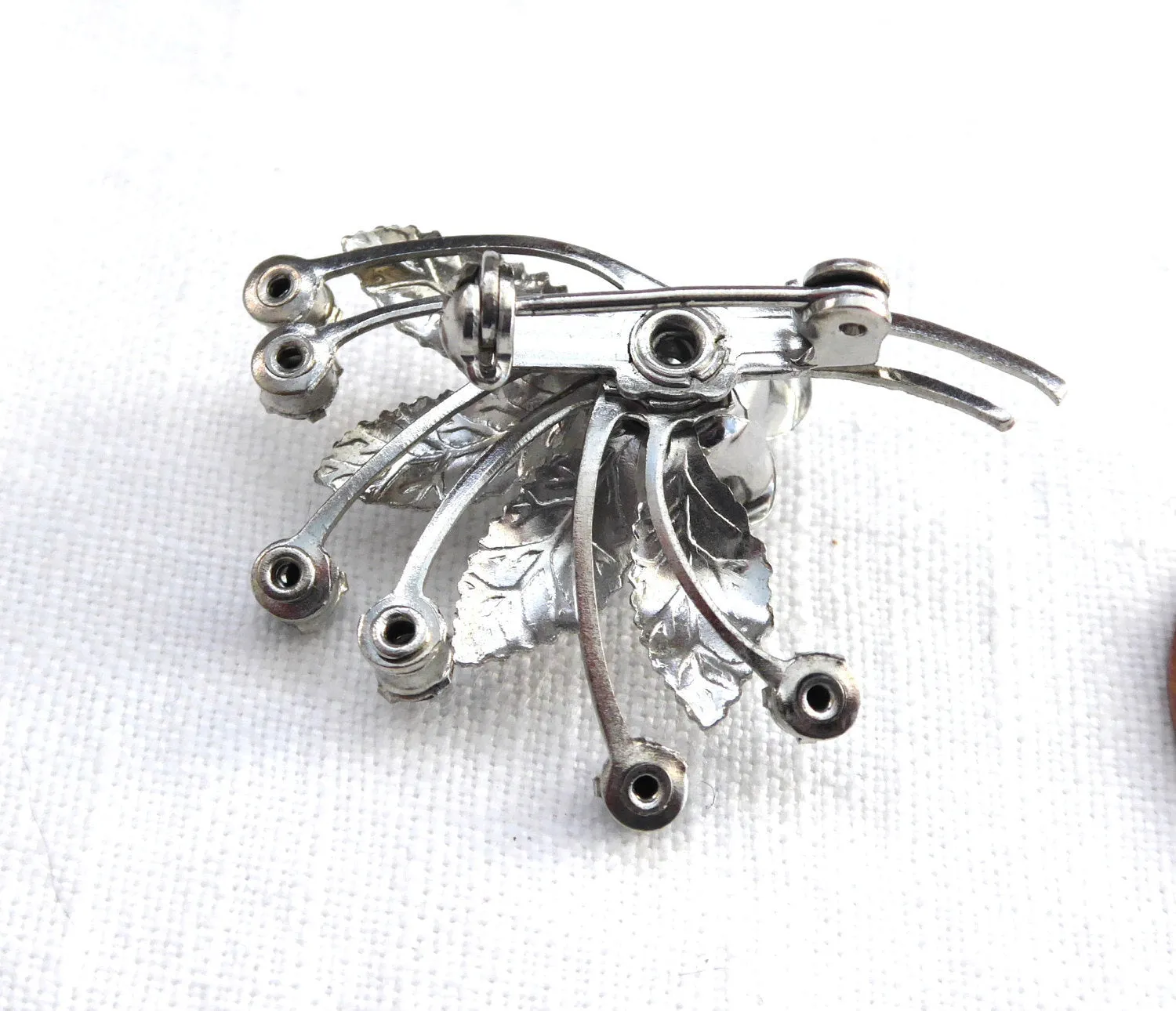 Blue Rhinestones Silver Rose Flower Brooch 1950s Elegant Pin 3 Dimensional Tea Party