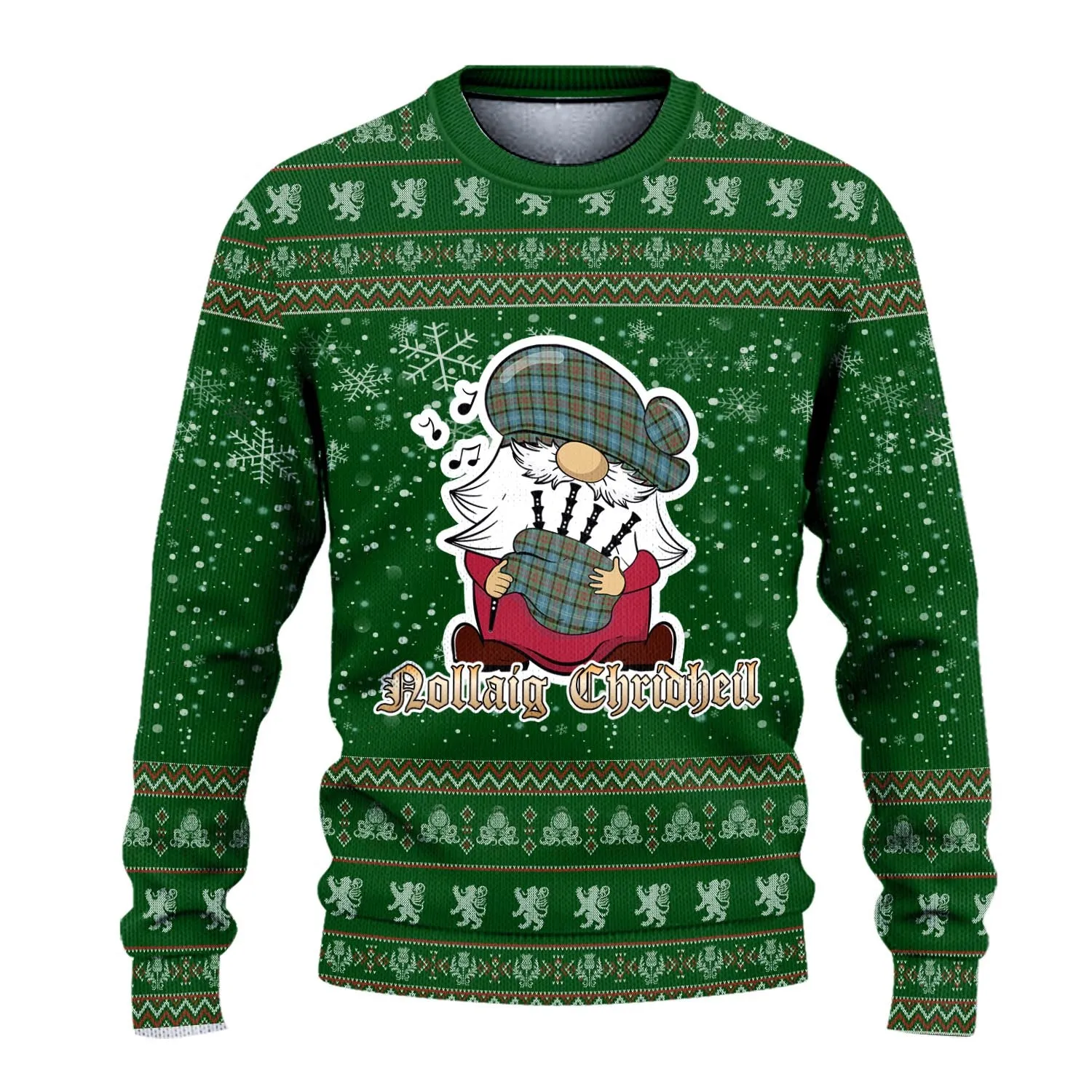 Brisbane Clan Christmas Family Ugly Sweater with Funny Gnome Playing Bagpipes