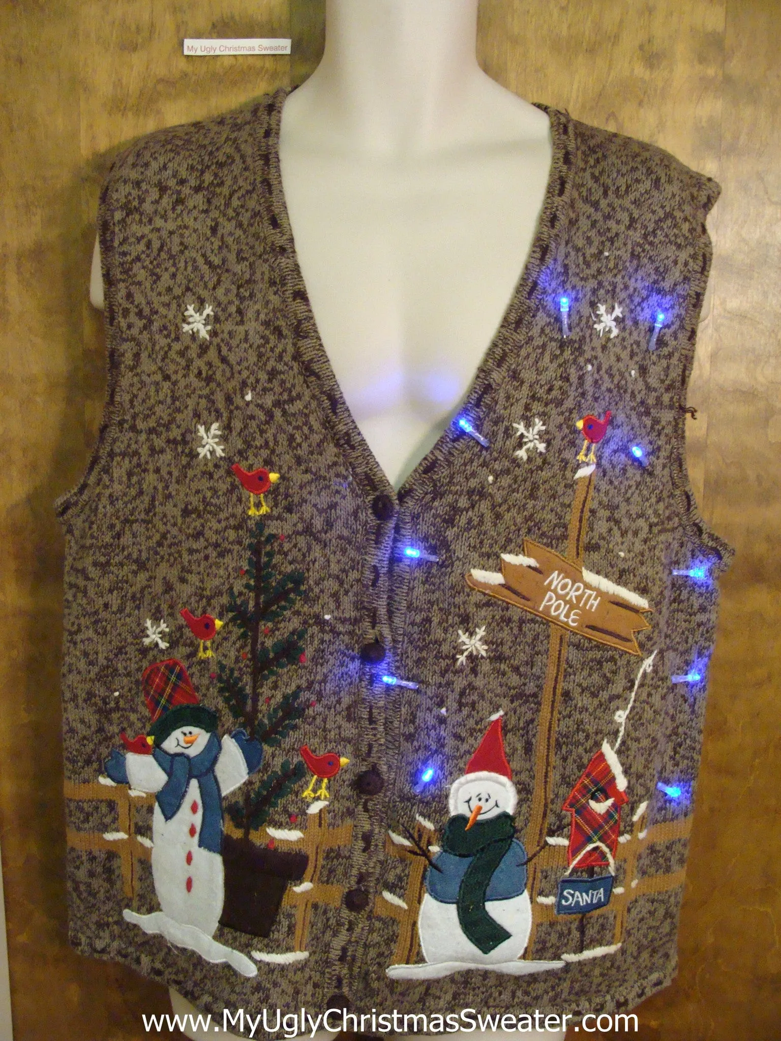 Brown Light Up Ugly Xmas Sweater Vest with Snowmen