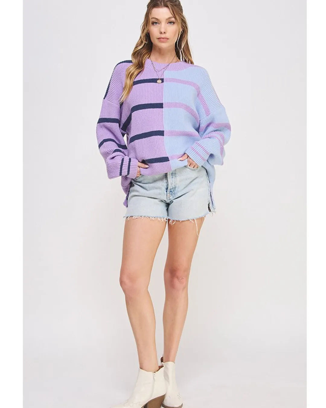 Demi Block Stripe Sweater Lavender Combo