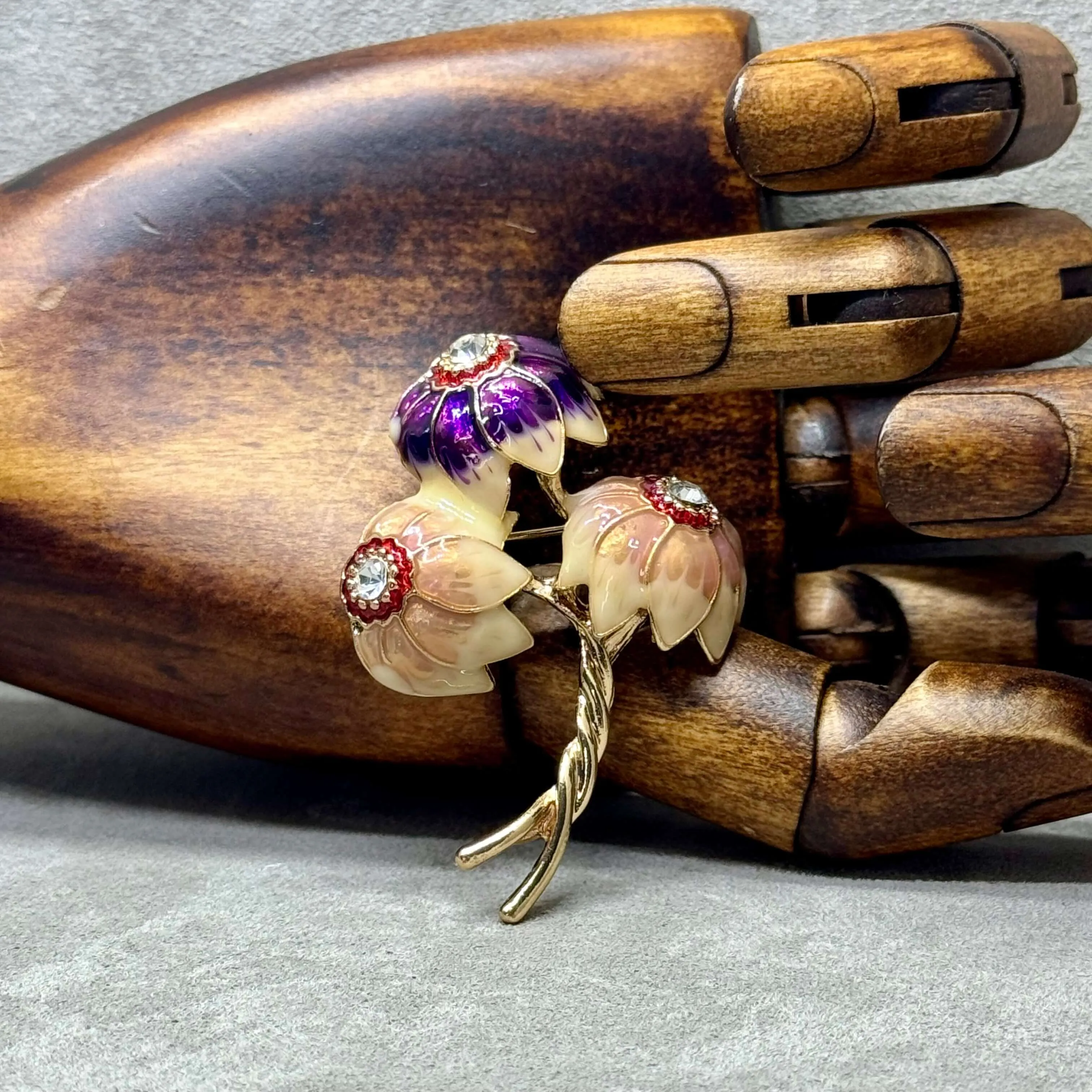 Elegant Enamel Flower Trio Brooch