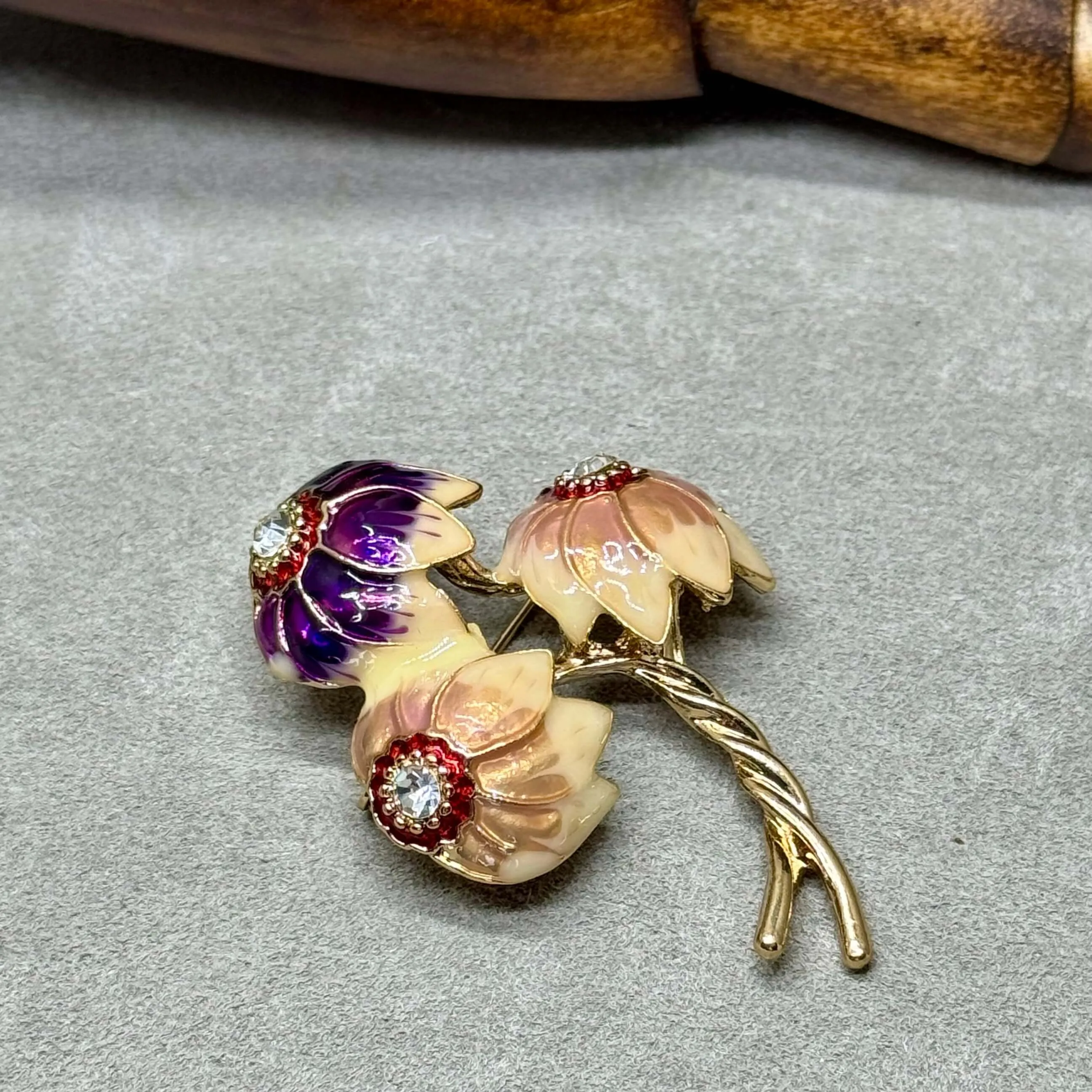 Elegant Enamel Flower Trio Brooch