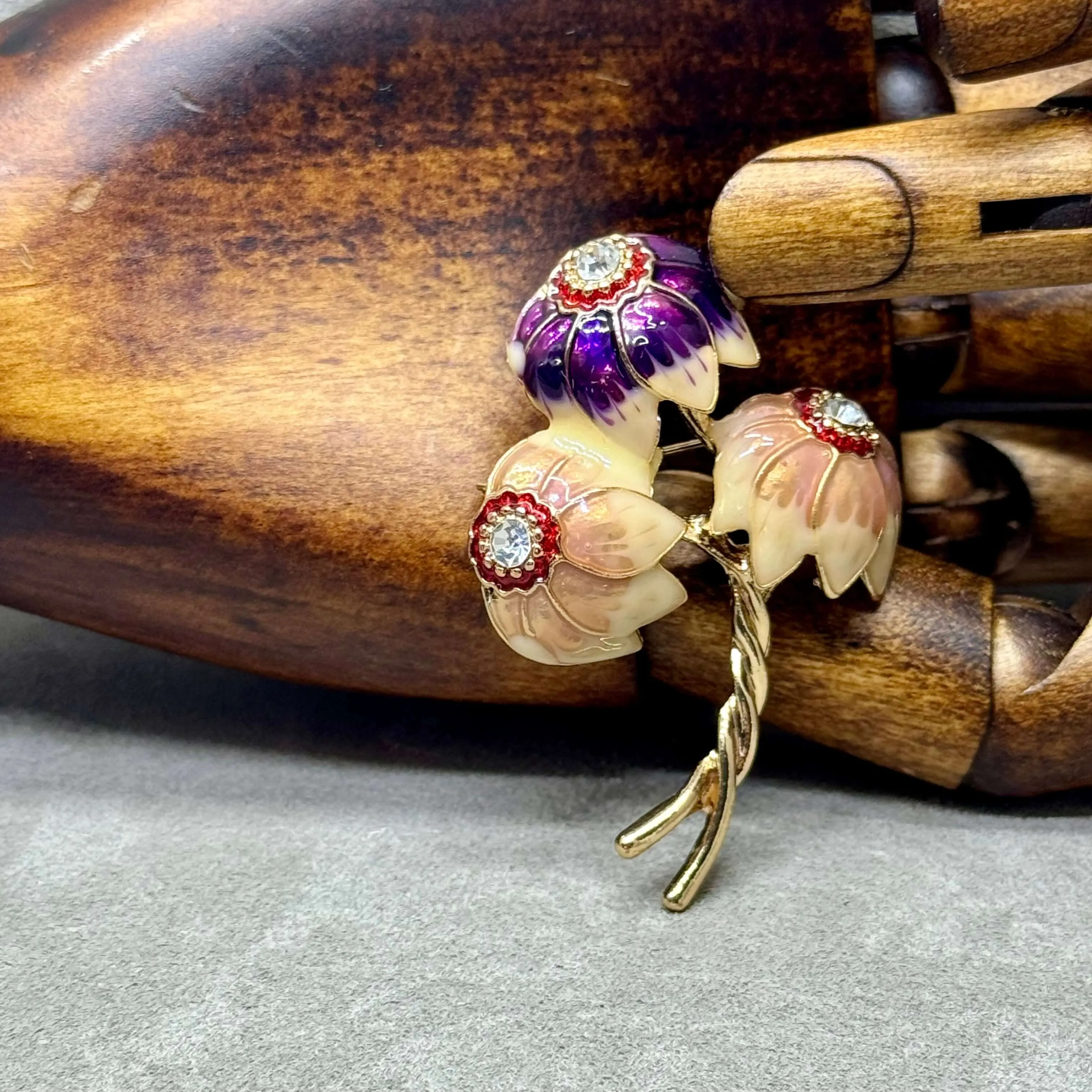 Elegant Enamel Flower Trio Brooch