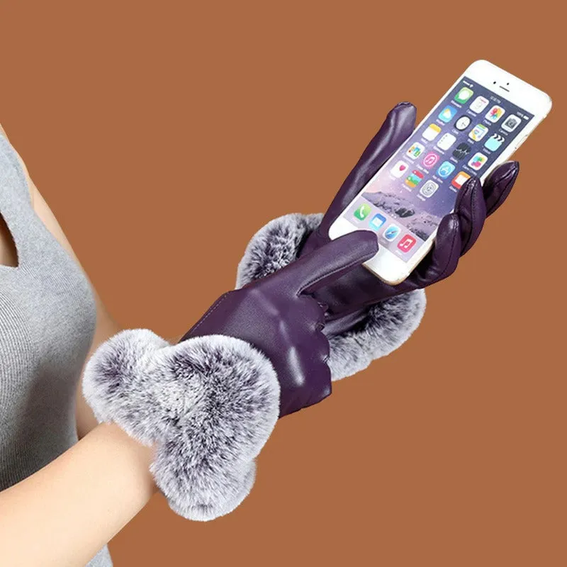 Fancy and Fashionable Vegan Leather Winter Gloves with Pompoms