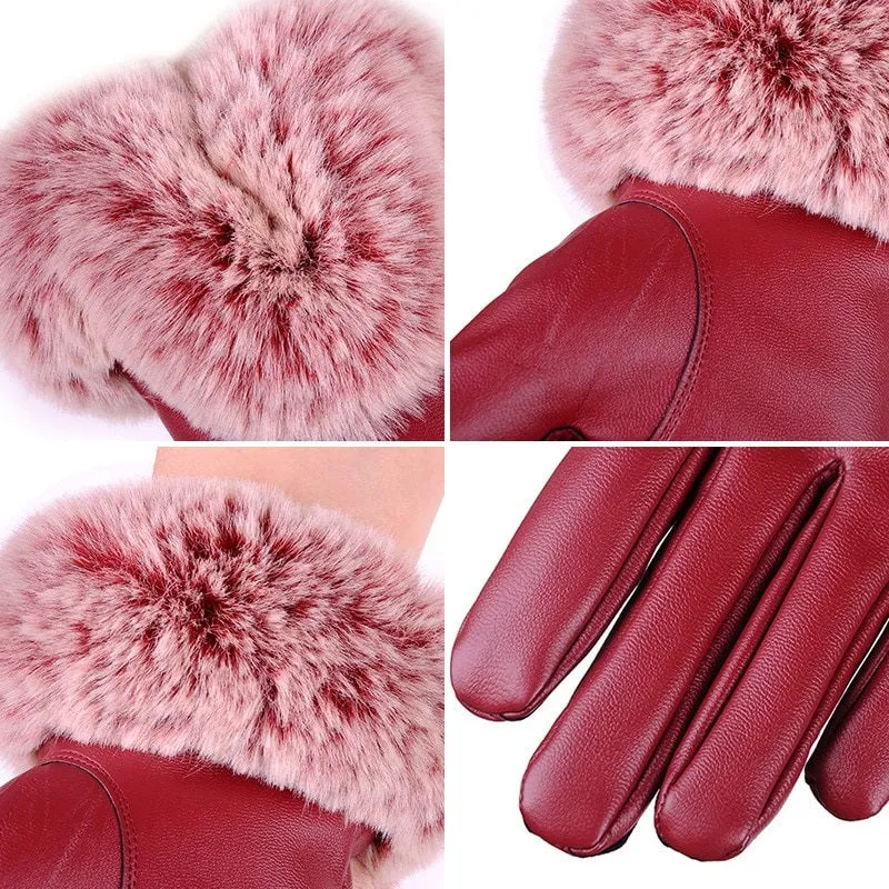Fancy and Fashionable Vegan Leather Winter Gloves with Pompoms