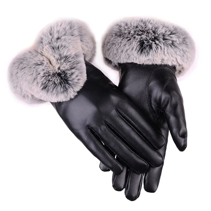 Fancy and Fashionable Vegan Leather Winter Gloves with Pompoms