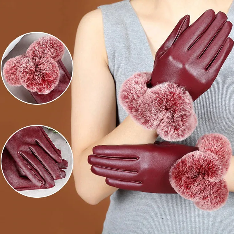 Fancy and Fashionable Vegan Leather Winter Gloves with Pompoms
