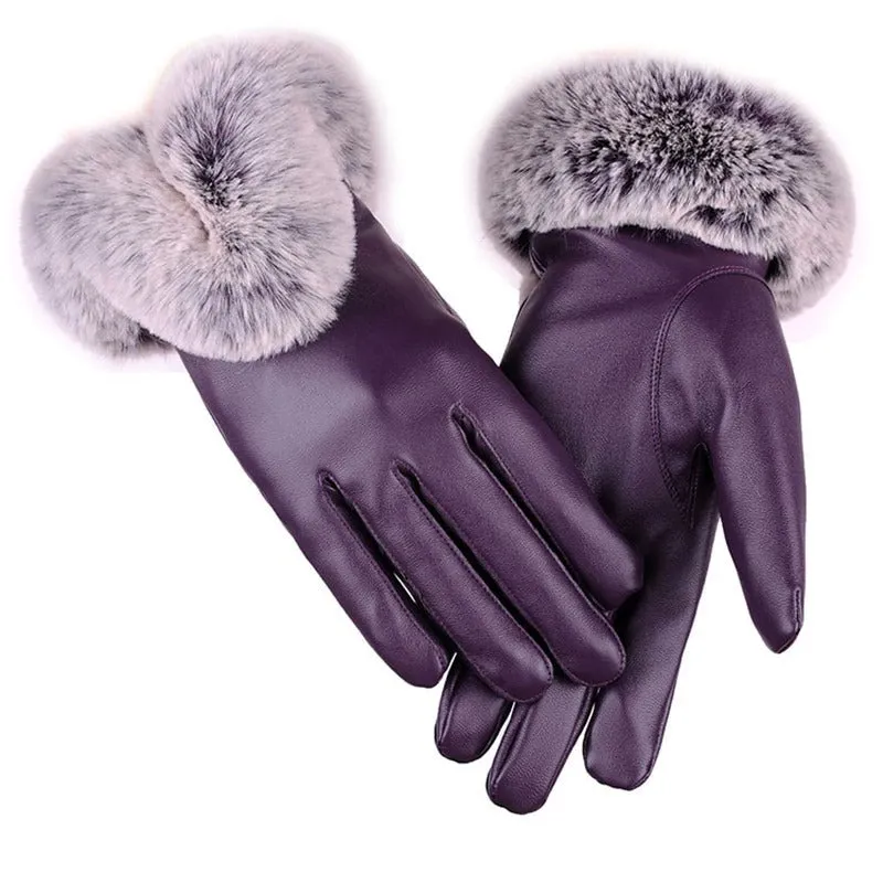Fancy and Fashionable Vegan Leather Winter Gloves with Pompoms