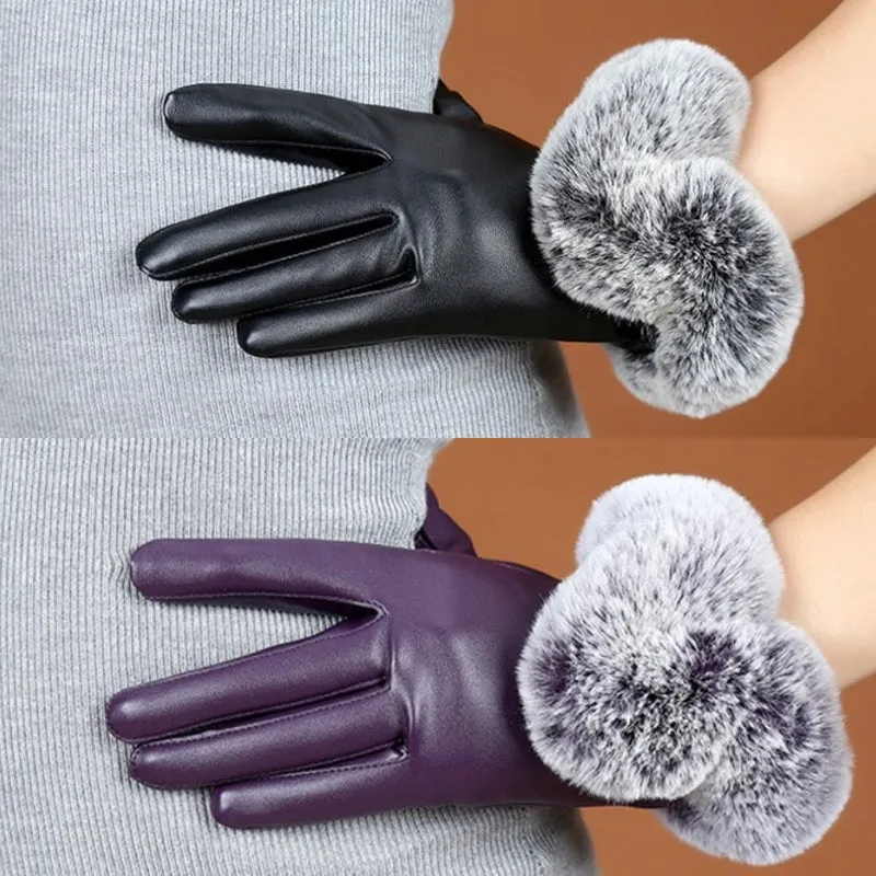 Fancy and Fashionable Vegan Leather Winter Gloves with Pompoms