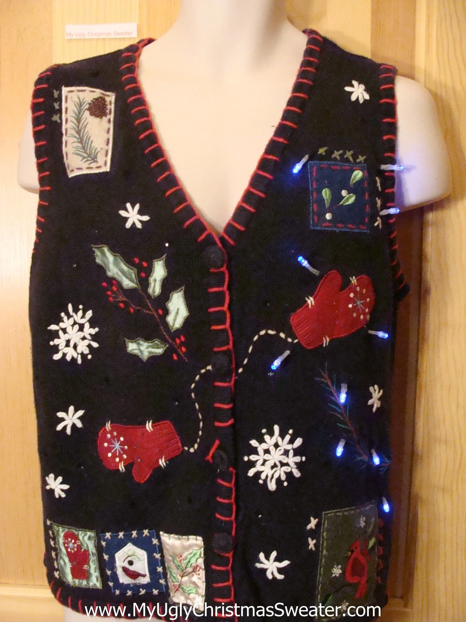 Funny Christmas Sweater Vest with Lights Mittens and Ivy