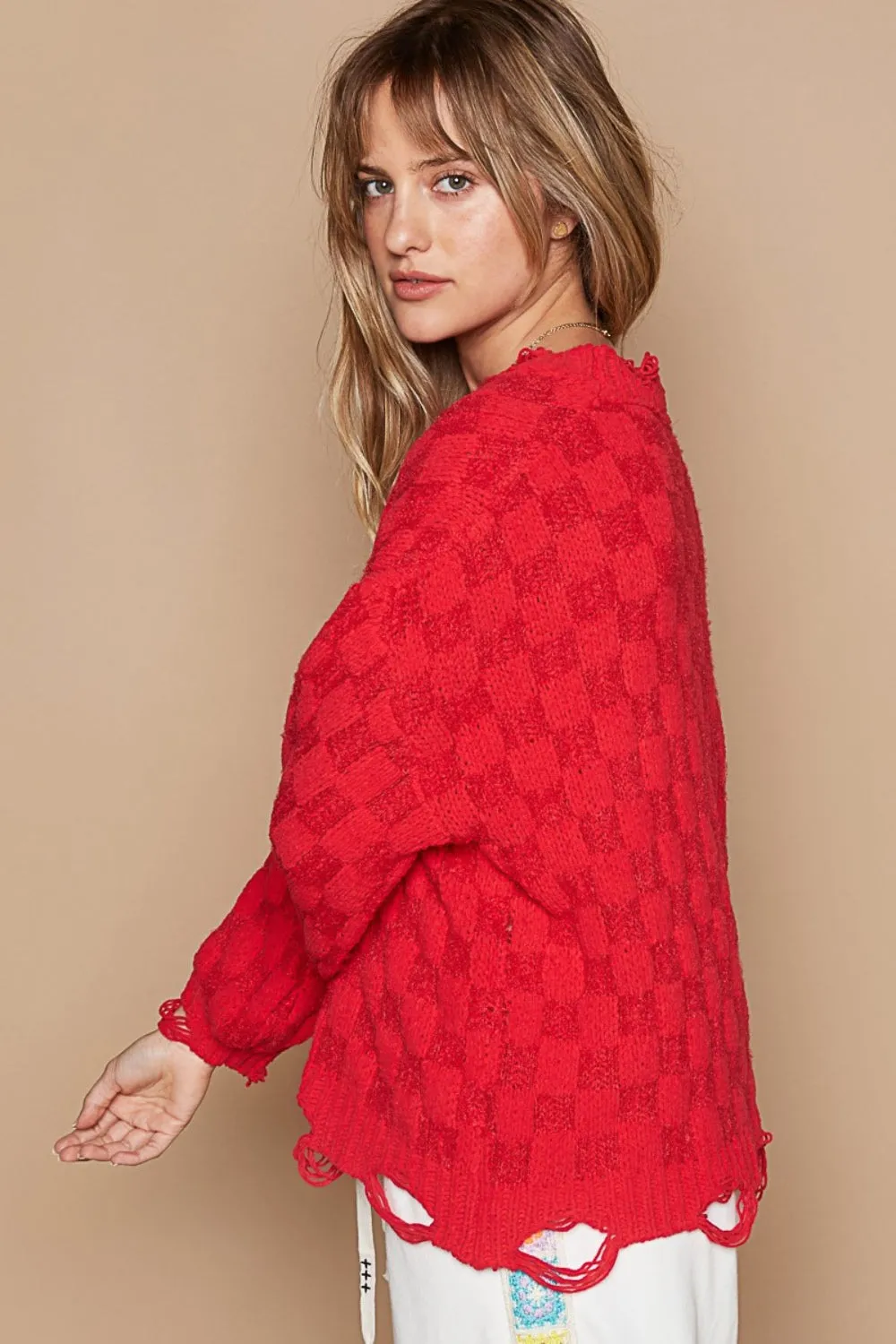 Hot Girl Checkered Distressed Edge Sweater In Candy Apple Red