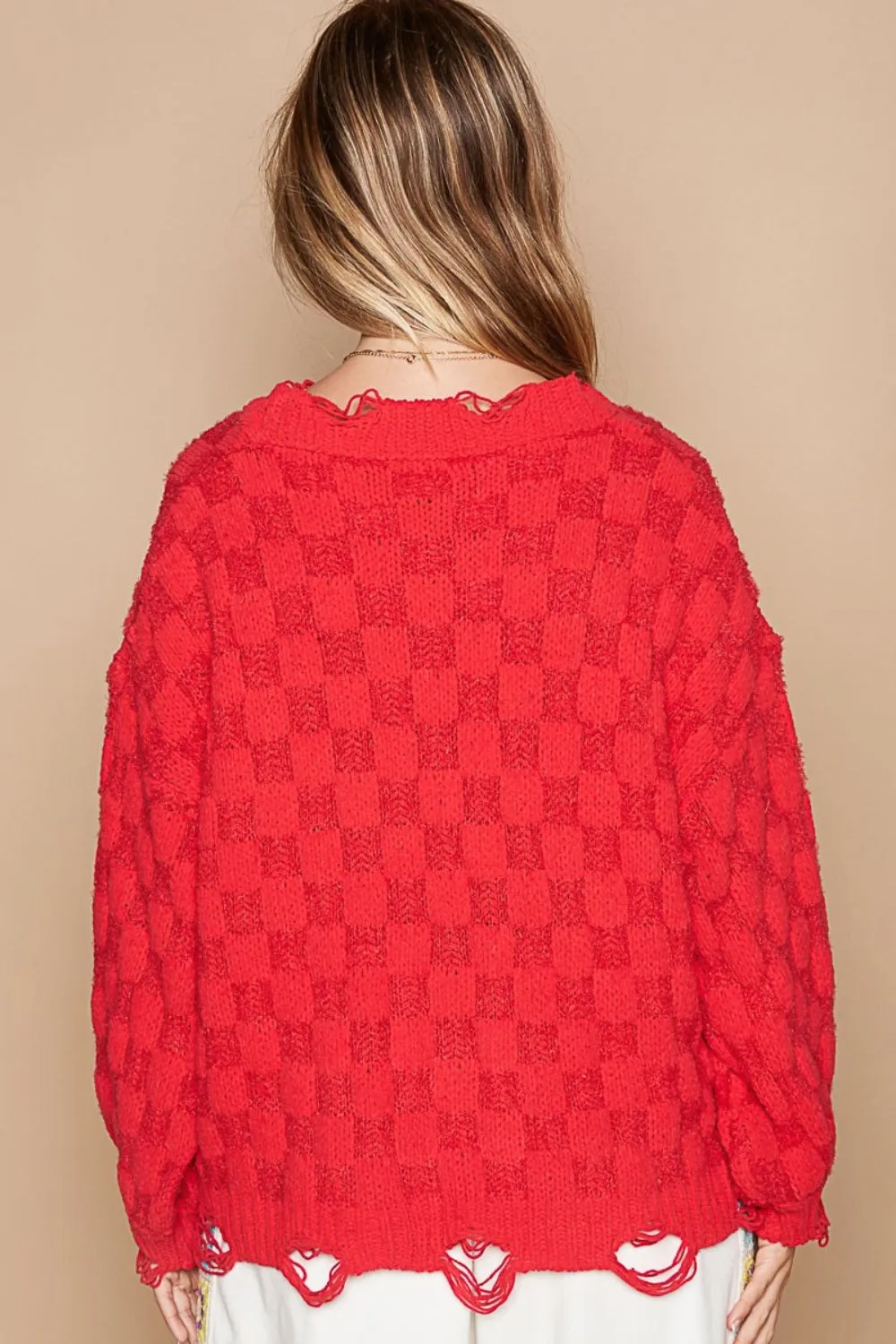 Hot Girl Checkered Distressed Edge Sweater In Candy Apple Red