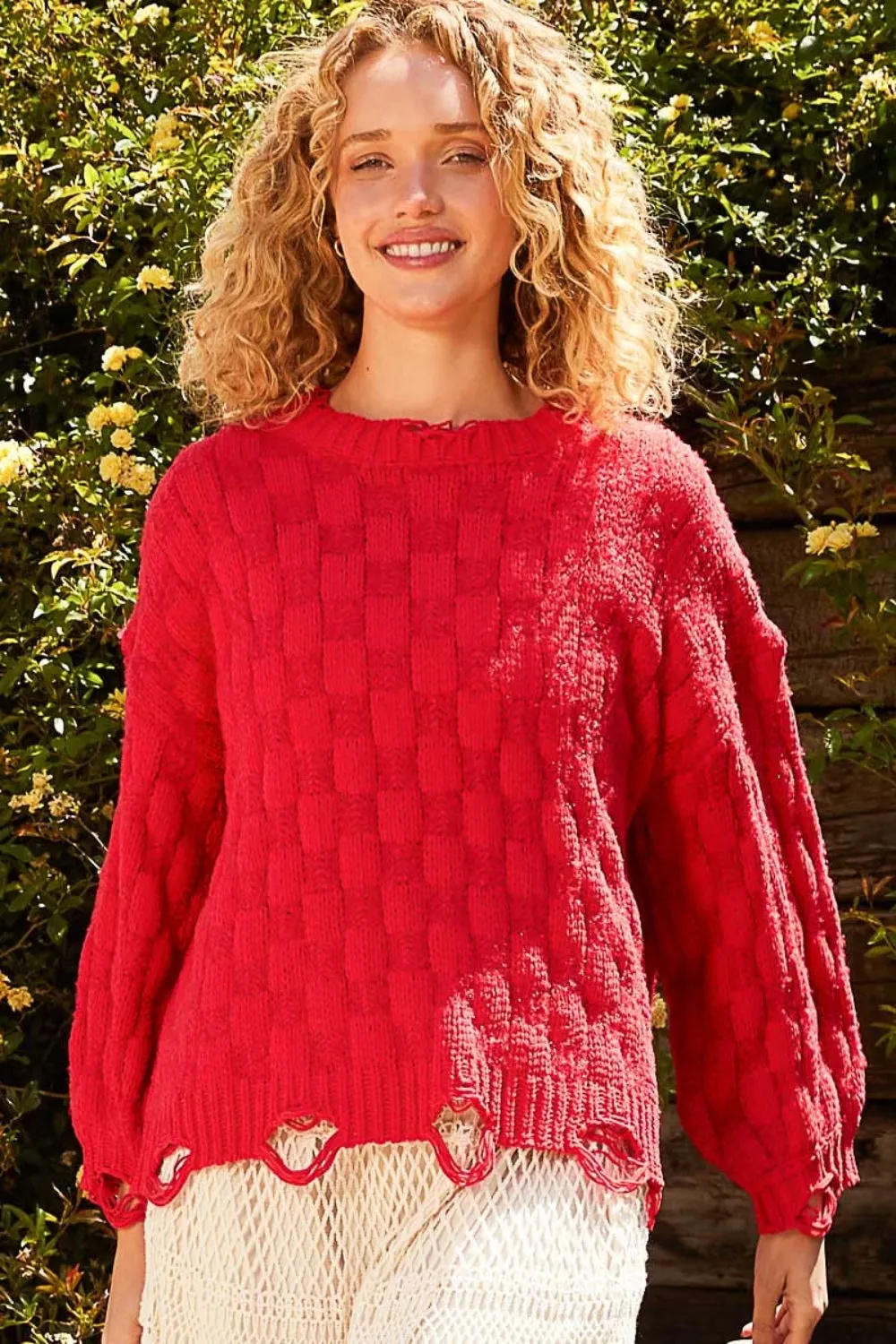Hot Girl Checkered Distressed Edge Sweater In Candy Apple Red
