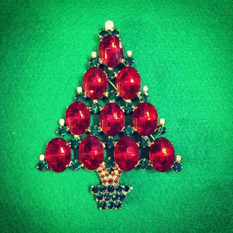 Large Christmas Tree Brooch Red Green Pin by Cristobal London