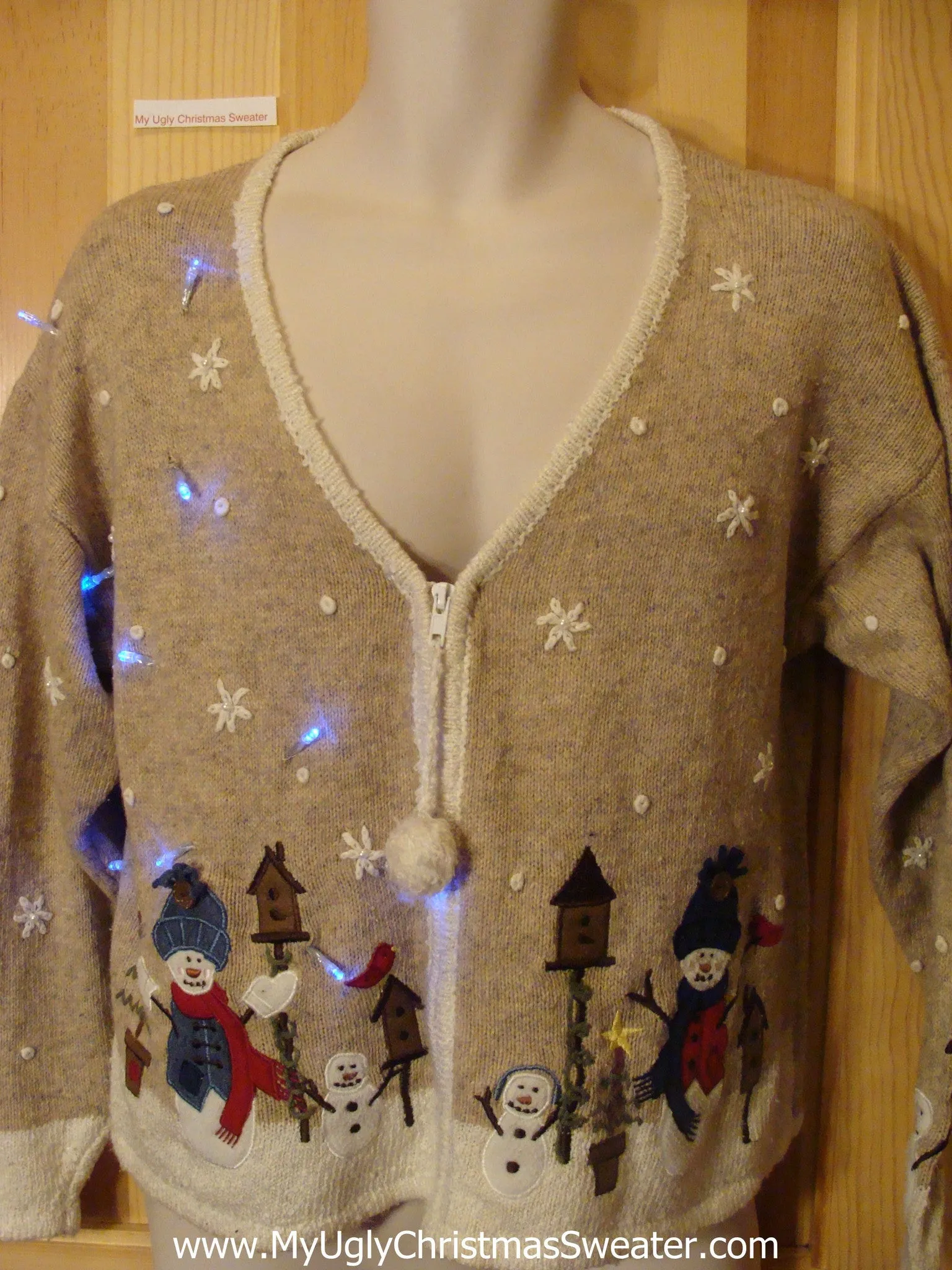 Light Up Brown Ugly Xmas Sweater PomPom Zip