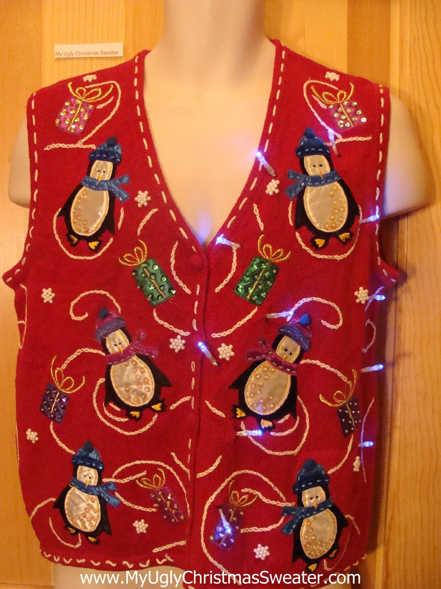 Light Up Ugly Xmas Sweater Vest with Penguins and Gifts