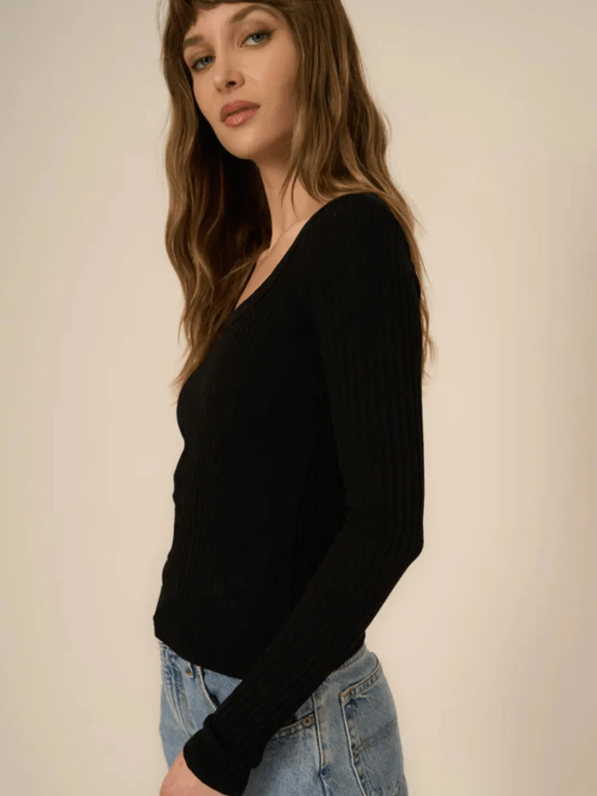 "What's the Scoop" Washed Rib Longsleeve Top - Black