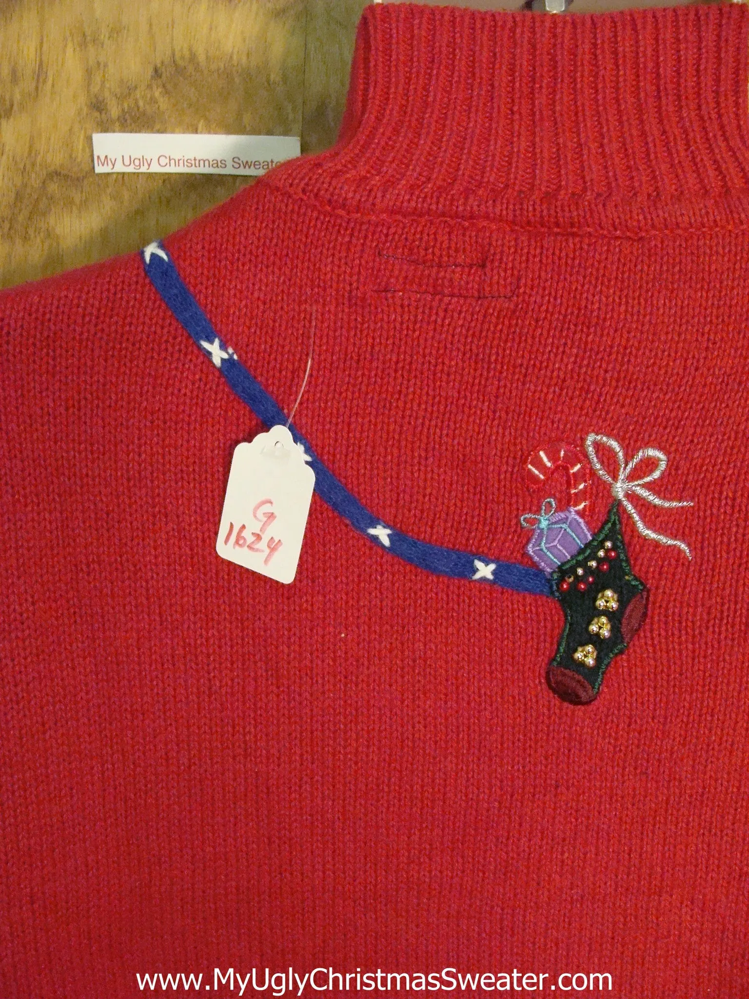 Red Stocking Clothesline Tacky Xmas Sweater with Lights