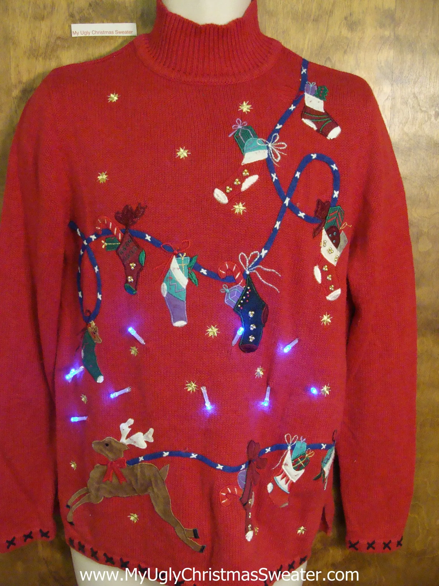 Red Stocking Clothesline Tacky Xmas Sweater with Lights