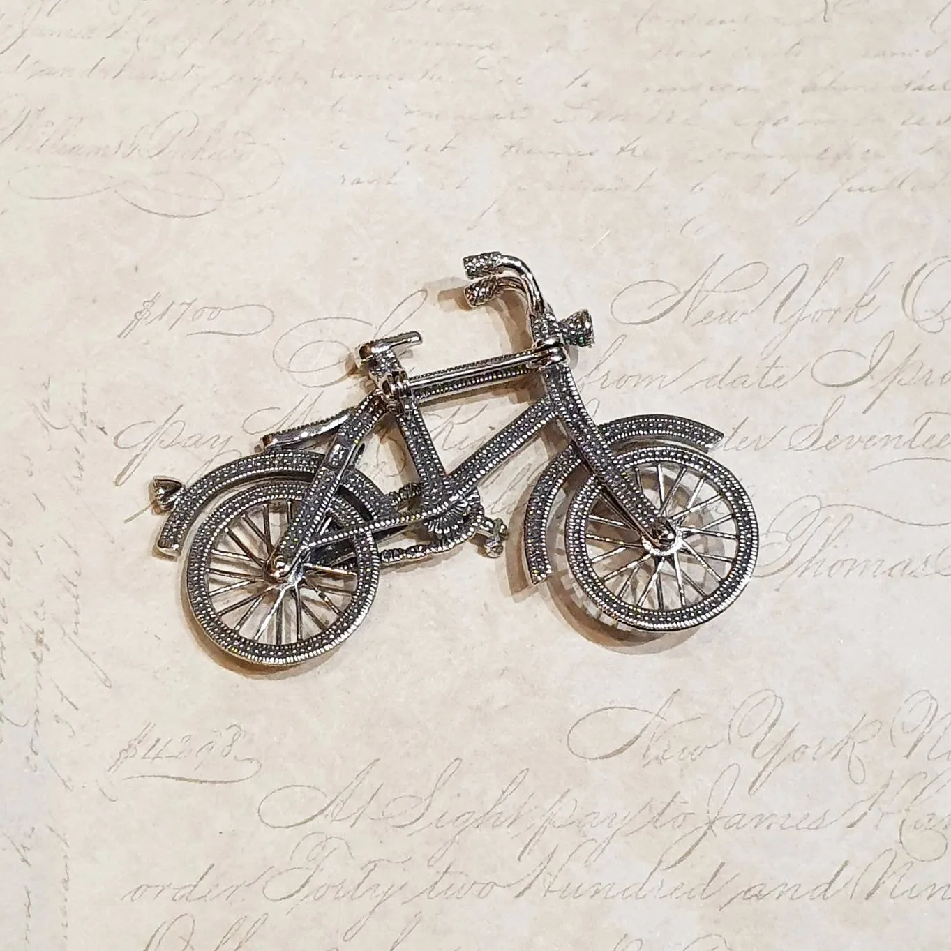 Silver Marcasite Bicycle Brooch Bike with moving wheels