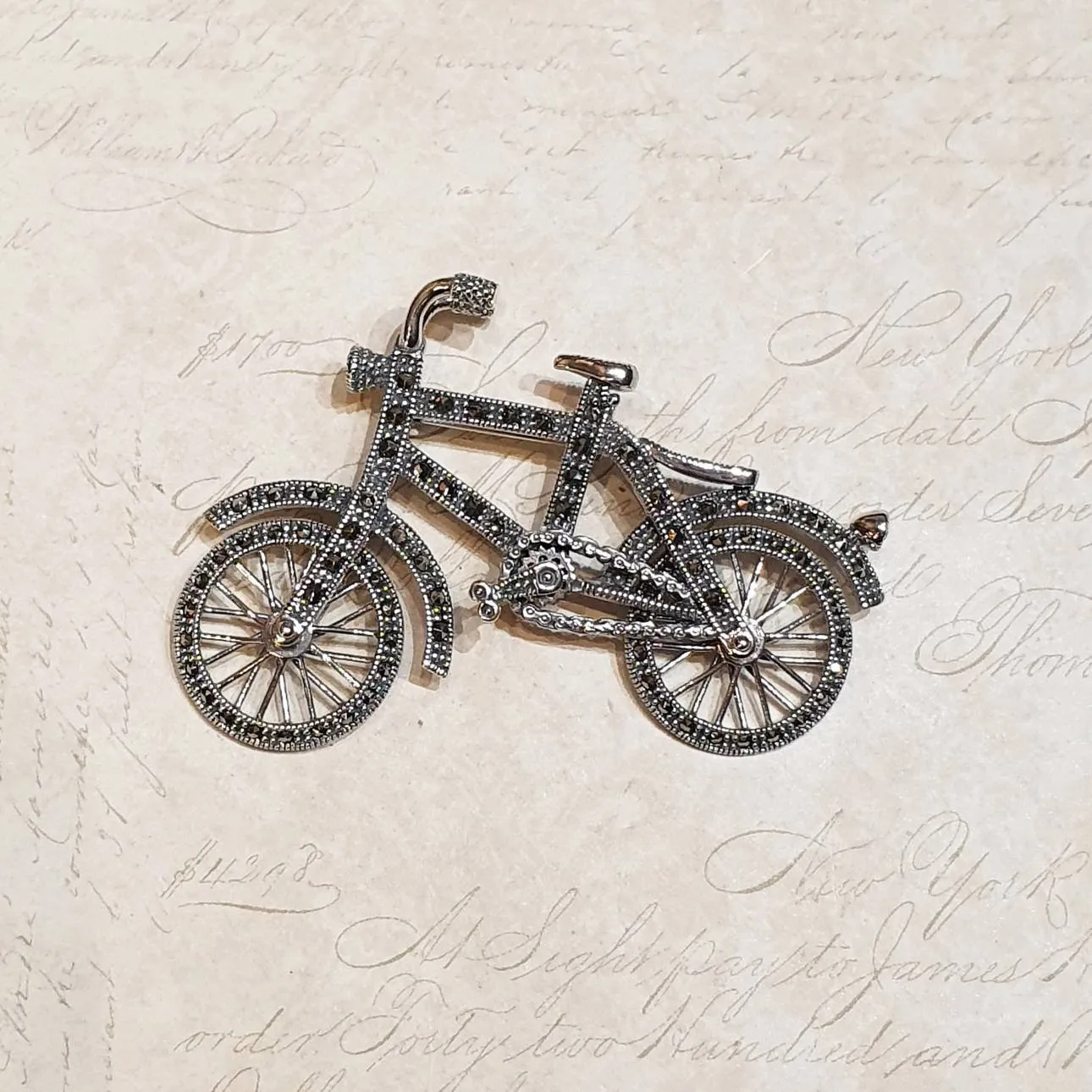Silver Marcasite Bicycle Brooch Bike with moving wheels