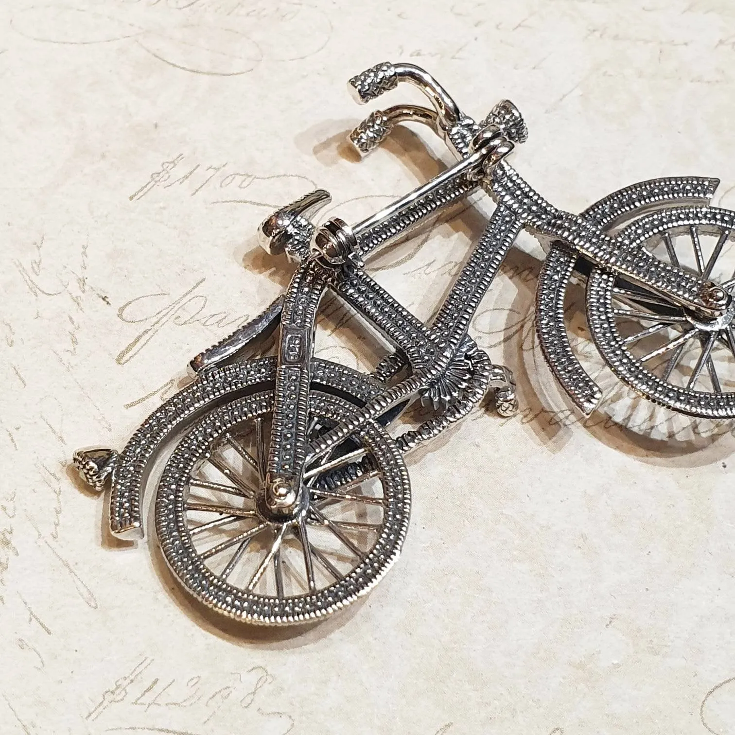 Silver Marcasite Bicycle Brooch Bike with moving wheels