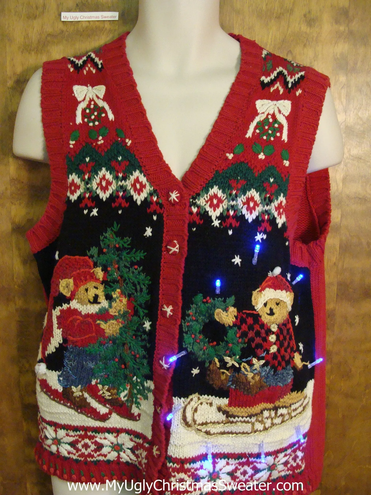 Skiing Bears Tacky Light Up Ugly Xmas Sweater Vest