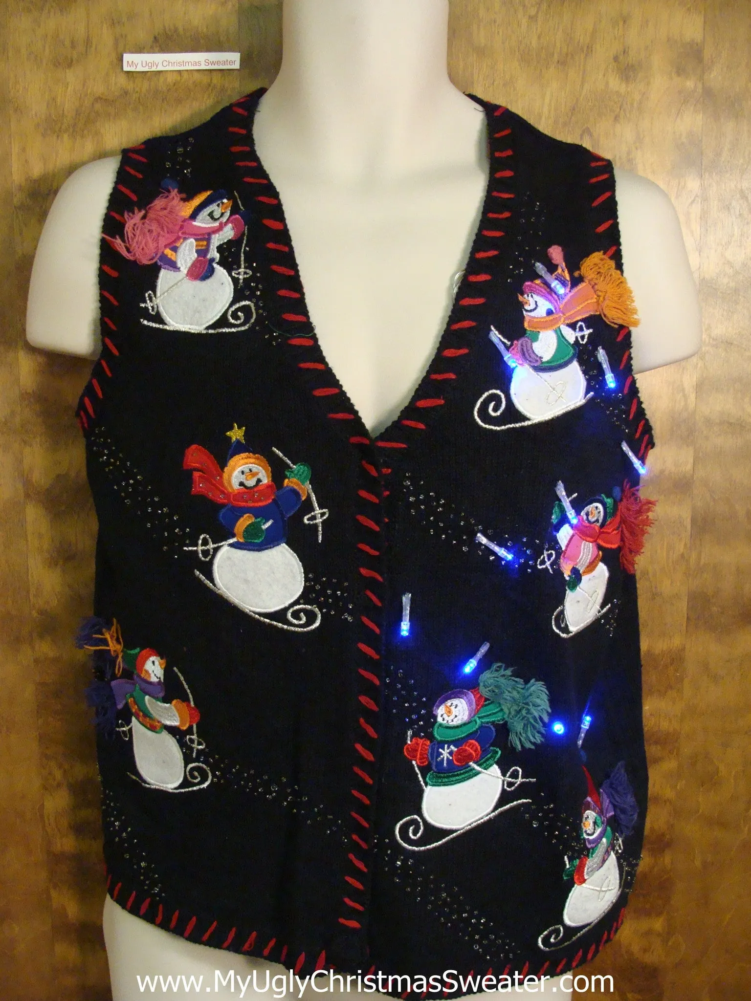 Skiing Snowmen Crazy Christmas Sweater Vest with Lights