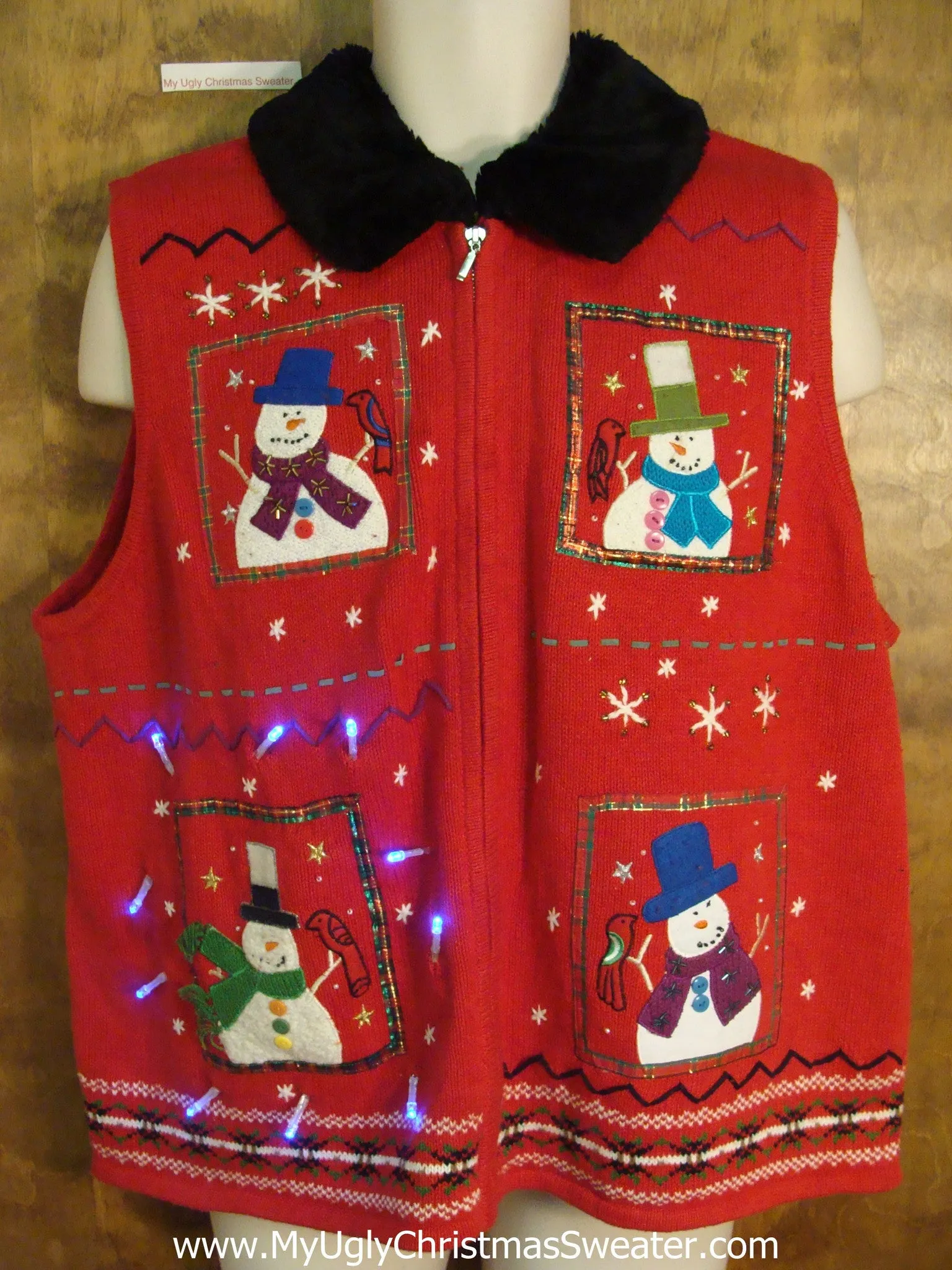 Snowman Light Up Ugly Xmas Sweater Vest with Furry Collar