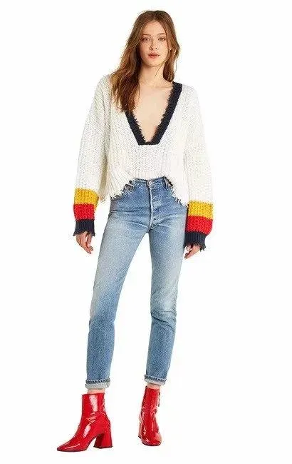 Solid Color Long Sleeve Deep V Neck Tassels Sweater