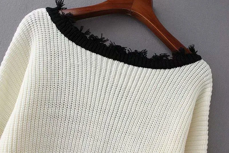 Solid Color Long Sleeve Deep V Neck Tassels Sweater