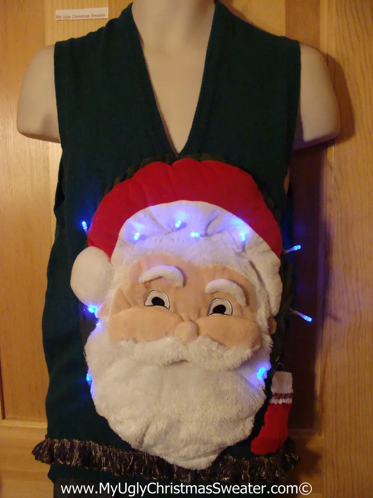 Tacky 3D Ugly Christmas Sweater Mens Puffy Santa with Lights and Fringe (A55)