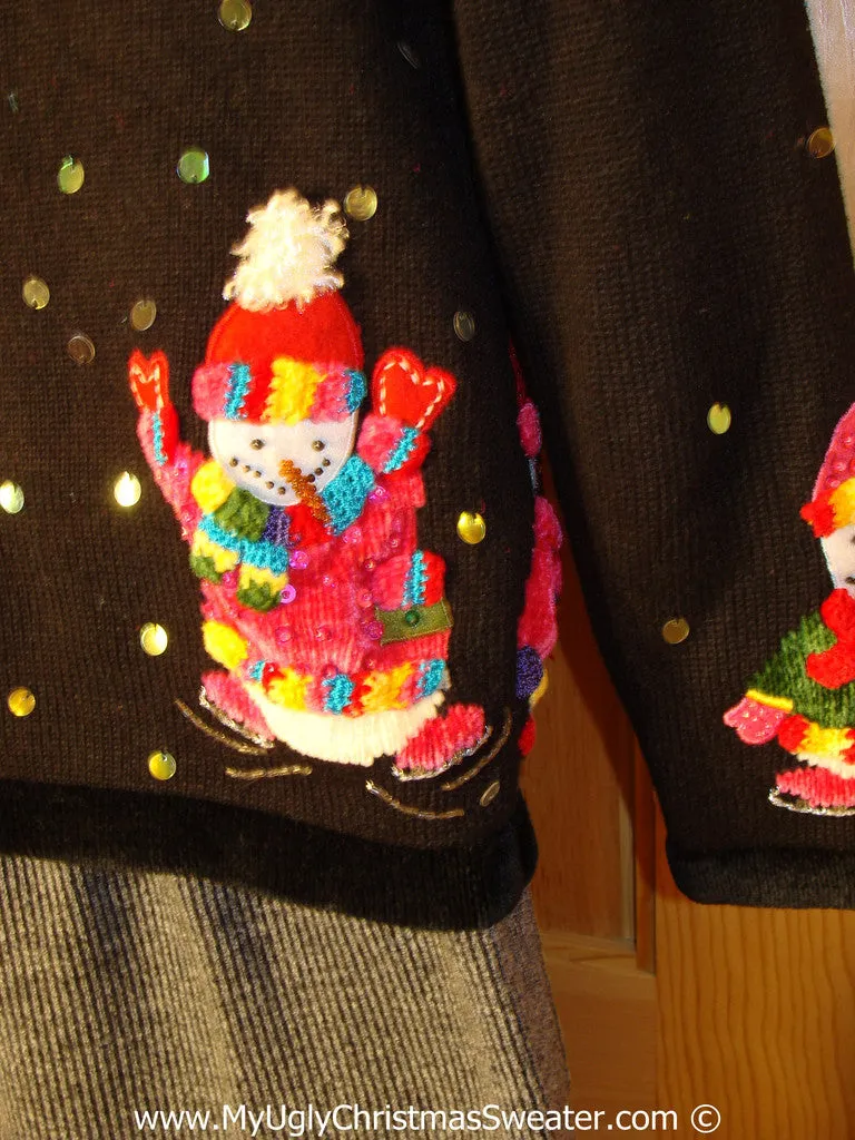 Tacky Holiday Sweater with Colorful Bling Snowman Friends (f1010)