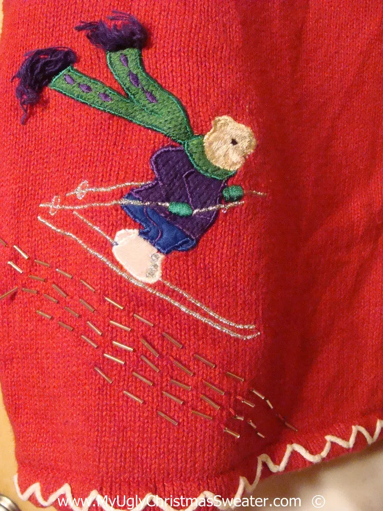 Tacky Red Christmas Sweater Vest with Skiing Bears (f1396)