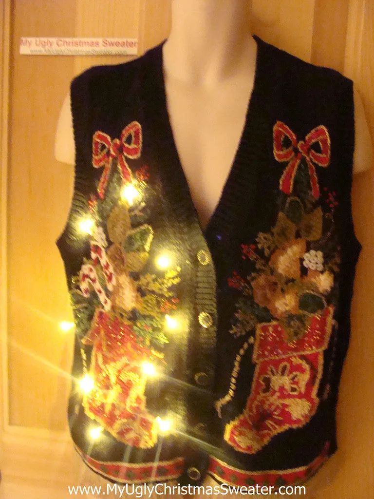 Tacky Ugly Christmas Sweater Vest with Lights and Fringe (g30)