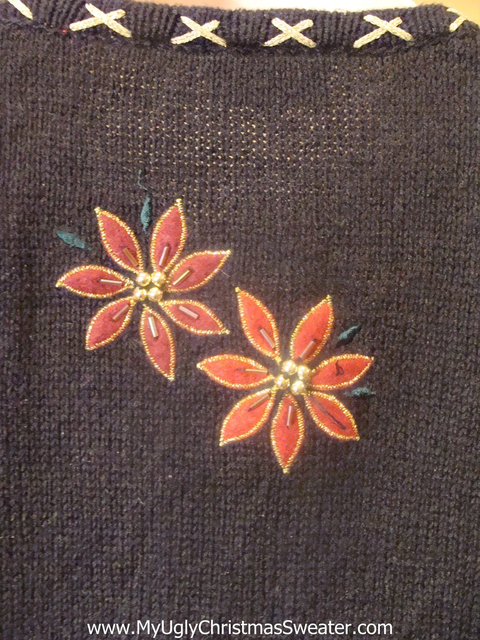 Ugly Christmas Sweater Vest Poinsettias and Crafty Trim