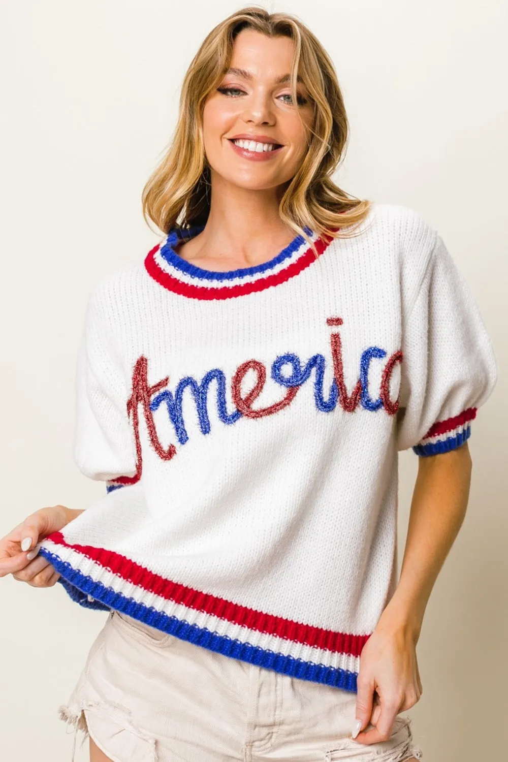 zBiBi Metallic America Letter Short Sleeve Sweater