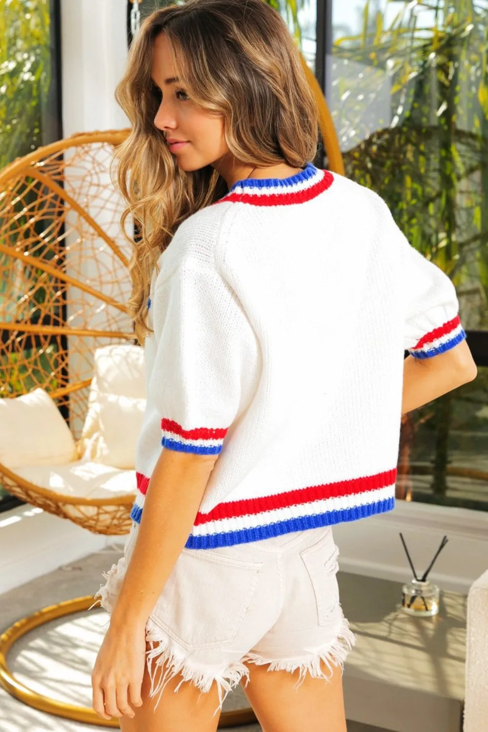 zBiBi Metallic America Letter Short Sleeve Sweater