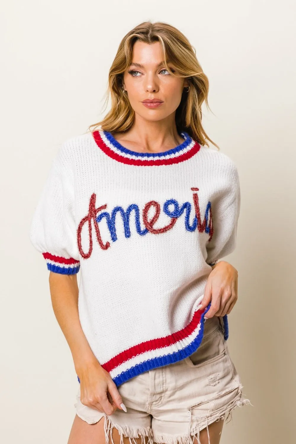 zBiBi Metallic America Letter Short Sleeve Sweater